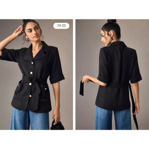 Anthropologie NEW Bishop+Young Parisian Short-Sleeve Tie-Waist Blazer Black Sz S